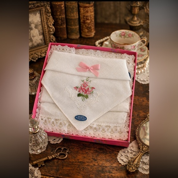 Sunlawn Other - Vintage 2 White Handkerchief with Pink Floral Embroidery/Handkerchief with Lace.